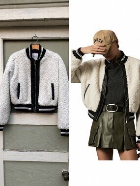 Avec Les Filles Cream Sherpa Fleece Varsity Bomber Jacket White Size S
